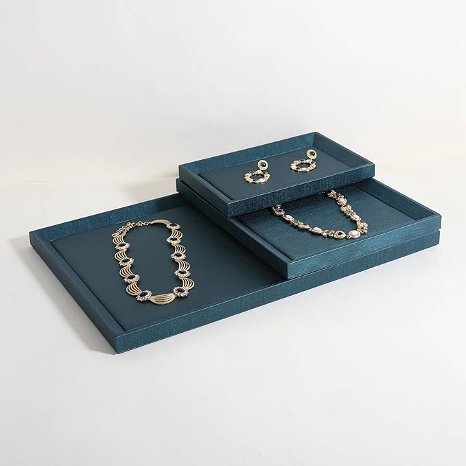 GemeShou Gemehou faux PU leather Jewelry Viewing Tray, Stackable Jewelry Plate, Rectangle Jewelry showcase, Empty Jewelry tray for Necklace Bracelet Ring Earring Watch (Green-Large, 17.7 x 11.8 in)