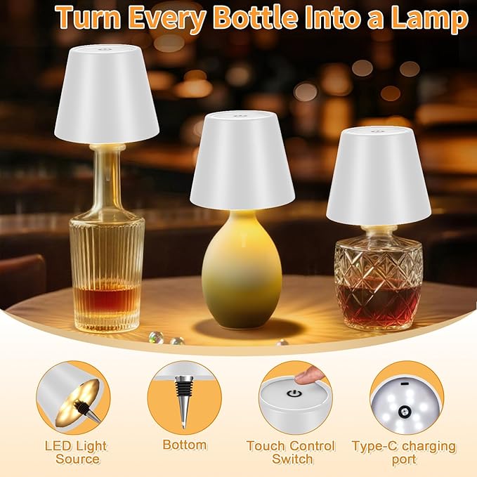 Rechargeable Wireless Bottle Lamp - 3 Color Stepless Dimmable, Metallic White Lampshade, 5H Bright Light or 48H Soft Glow,Ideal for Home Décor, Parties, Bar
