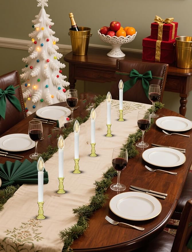 10 Pack Christmas Window Candles Lights, Battery Operated Flameless Candles with C26 LED Bulbs, 6-18H Timed Christmas Electric Candle Holders for Indoor Window Wedding Party Xmas Decor, Gold Base