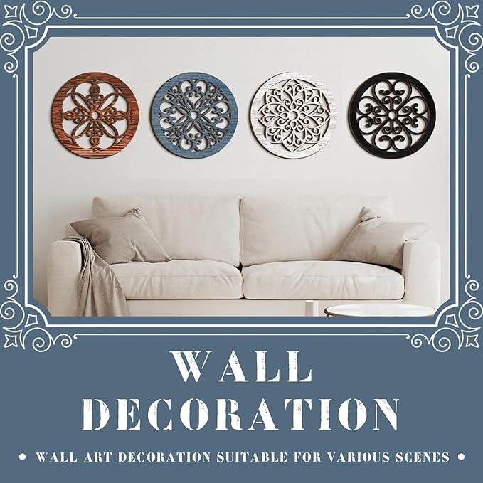 Yulejo 4 Pcs Thicken Rustic Wall Decor Farmhouse Kitchen Wall Round Art Wooden Hollow Carved Design Rustic Art for Living Room Bedroom Hallway Decor (15.7 x 15.7 Inch,Assorted Color)