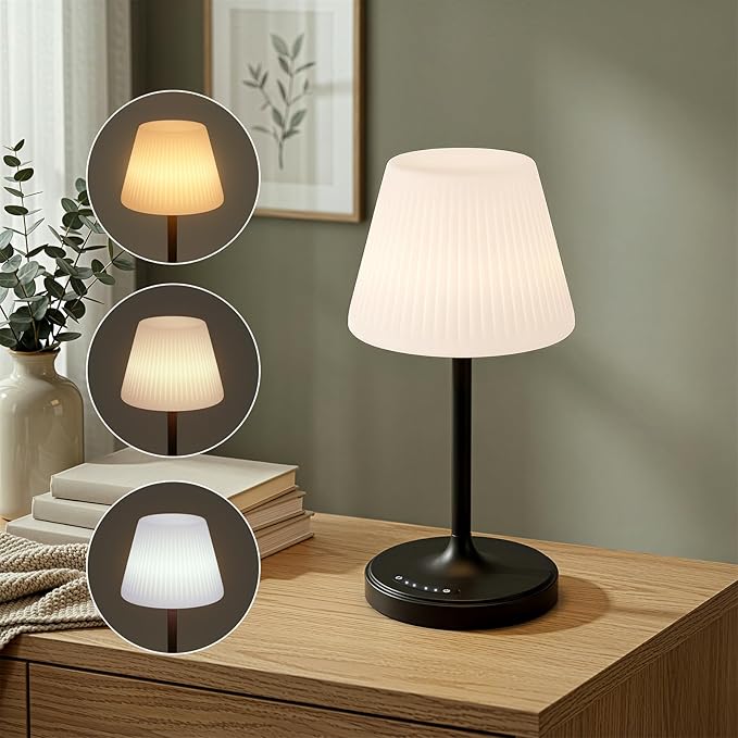 Cordless Table Lamp, Waterproof Shower Lamp, 4000mAh Rechargeable Table Lamps, 3-Color Dimmable Light, Battery Operated Lamp Desk Night Lamp for Bathroom Bedroom Patio Camping Restaurant (Black)