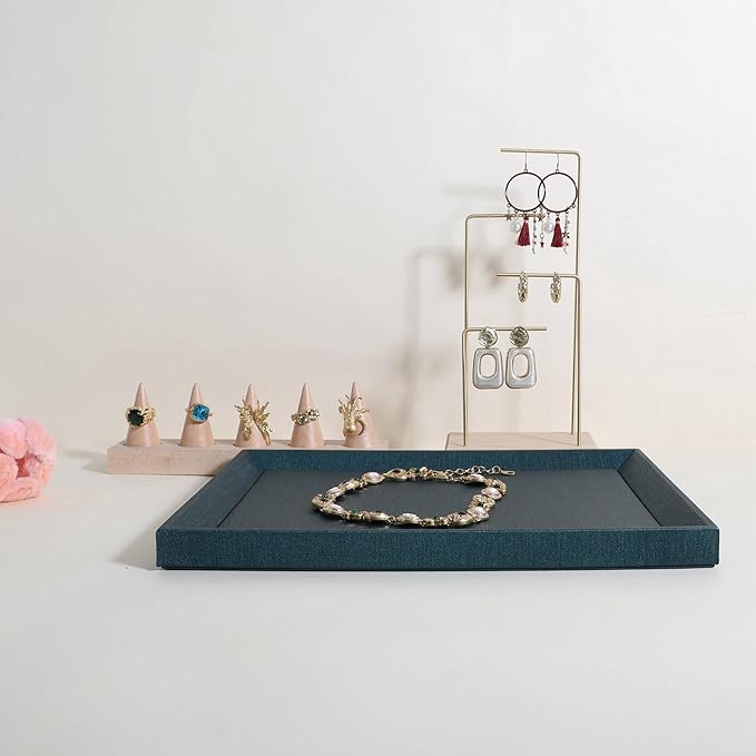 GemeShou Gemehou faux PU leather Jewelry Viewing Tray, Stackable Jewelry Plate, Rectangle Jewelry showcase, Empty Jewelry tray for Necklace Bracelet Ring Earring Watch (Green-Medium, 11.8 x 9.1 in)