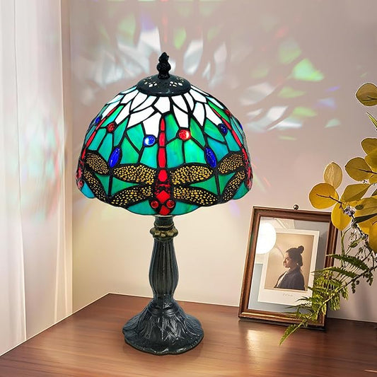 Whimsical Dragonfly Tiffany Style Table Lamp – 8" Small Stained Glass Lamp with LED Bulb,Nature-Inspired Design for Bedroom, Office, Living Room Decor.