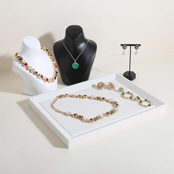 GemeShou Gemehou faux PU leather Jewelry Viewing Tray, Stackable Jewelry Plate, Rectangle Jewelry showcase, Empty Jewelry tray for Necklace Bracelet Ring Earring Watch (White-Medium, 11.8 x 9.1 in)