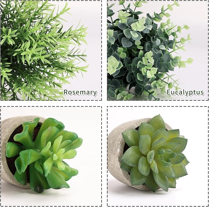 CEWOR 4 Pack Small Fake Plants Eucalyptus Rosemary Succulents Plants Artificial in Pots for Shelf Artificial Greenery Eucalyptus Plant Indoor for Home Bedroom Living Room Decoration