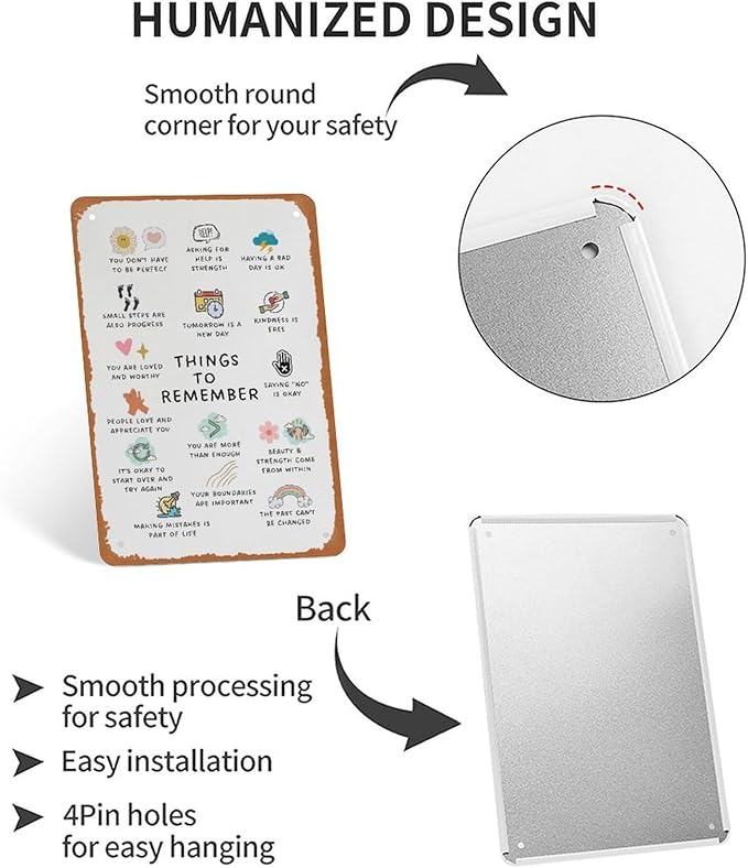 Things To Remember Metal Sign Poster 12x8 Inch Wall Decor Minimalist Boho Affirmations Therapy Office School Counselor Counseling Center Mental Health CBT DBT Anxiety Relief Gifts