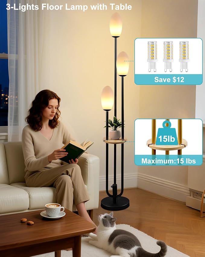 Black Dimmable Floor Lamp with Table, Unique Candle Holder Style Tall Standing Lamps with 3000K G9 Bulbs for Reading, Mid Century Modern Floor Lamp for Living Room Bedroom Office