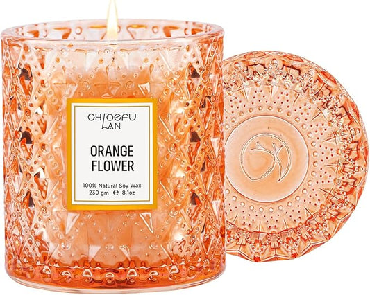Chloefu LAN Orange Blossom Candle, Natural Soy Scented Candles for Stress Relief, Holiday Candle Gifts, 55 Hours Smokeless Long Lasting Burning, Great Gift for Women & Men
