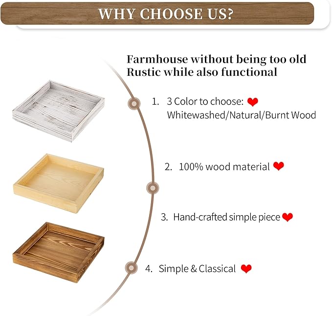 Hanobe Square Wooden Ottoman Tray: Small Square Torched Wood Farm House Serving Tray for Coffee Table Rustic Candle Organizer Storage for Remotes Keys Glasses 9.8