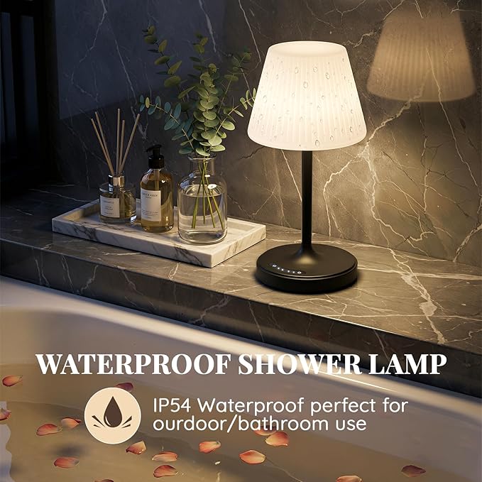 Cordless Table Lamp, Waterproof Shower Lamp, 4000mAh Rechargeable Table Lamps, 3-Color Dimmable Light, Battery Operated Lamp Desk Night Lamp for Bathroom Bedroom Patio Camping Restaurant (Black)