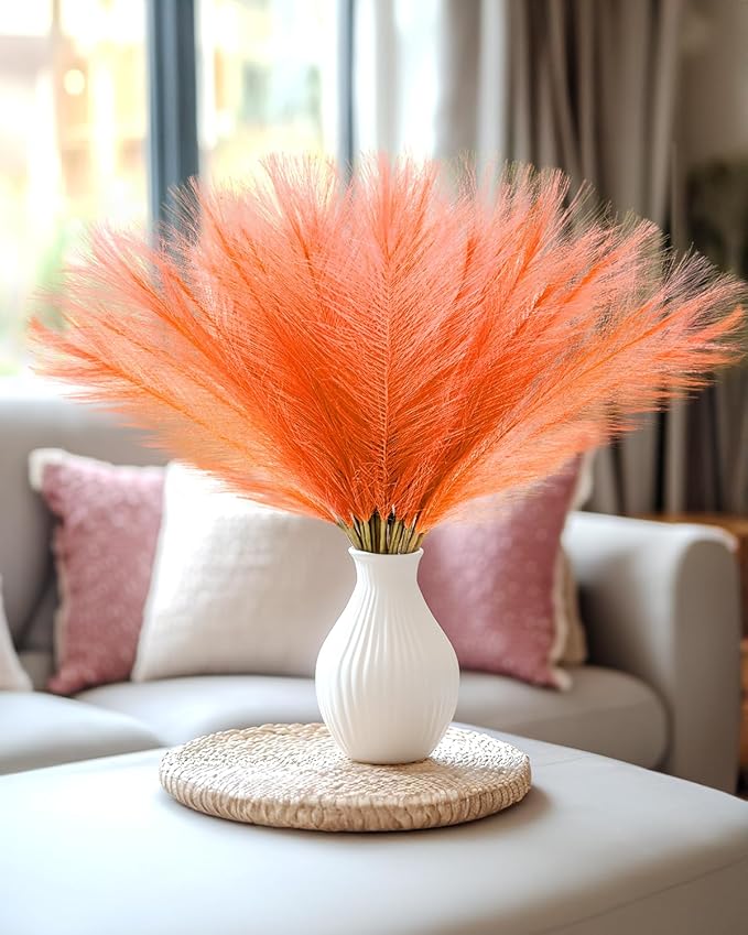60pcs Orange Faux Pampas Grass Decor, 17.7inch Short Artificial Pompous Grass Fluffy Fall Fake Pompas Grass Branches Vase Filler Flower Arrangement for Home Wedding Boho Centerpieces Decor