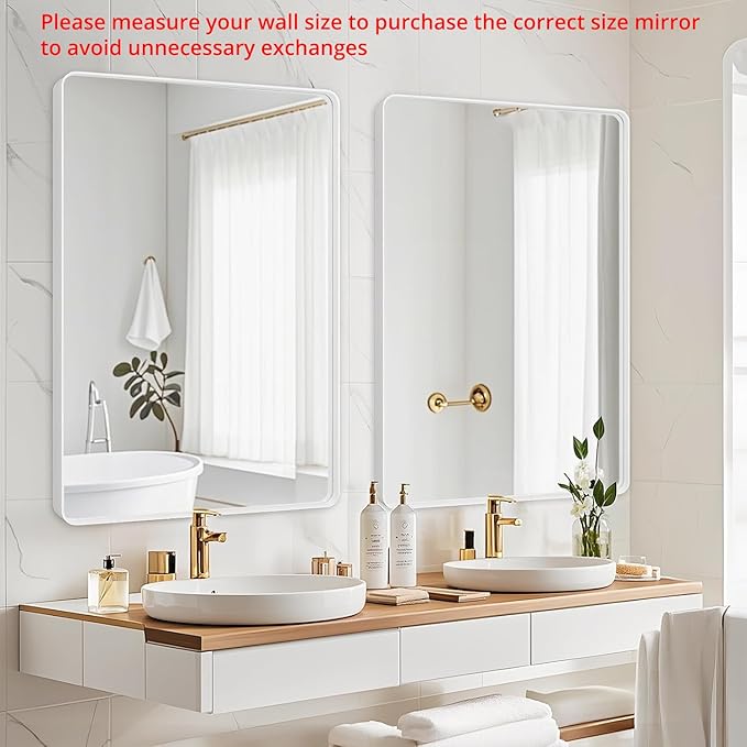 Bathroom Mirror 24x36 Inch Over Sink White Rectangular Metal Frame Mirror for Bathroom Wall, Matte Framed Large Rectangle Vanity Mirror for Restroom, Living Room, Entryway Decor