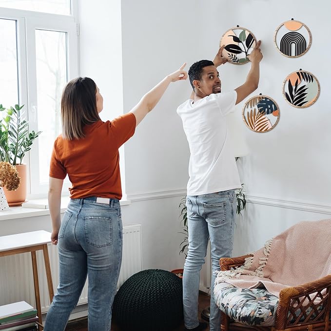 Qunclay 4 Pcs Boho Wall Art Bohemian Wooden Round Circle Wall Decor Hollow out Hanging Farmhouse Aesthetic for Bedroom Living Room Bathroom Bedroom Bathroom Patio Apartment Gift 10 Inch(Elegant)