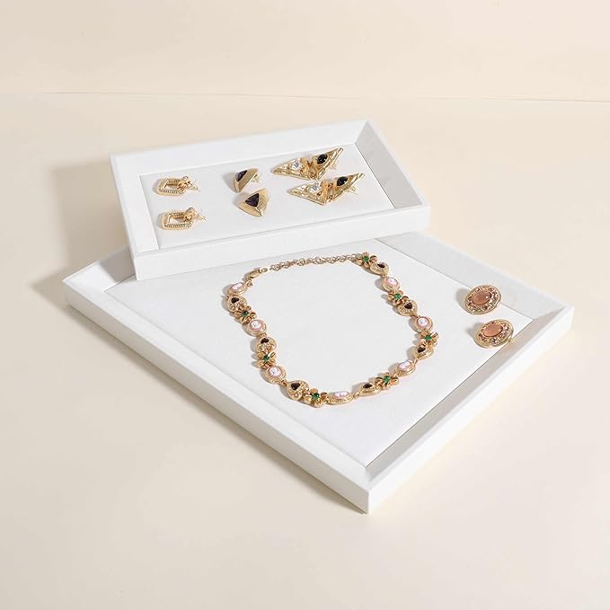 GemeShou Gemehou faux PU leather Jewelry Viewing Tray, Stackable Jewelry Plate, Rectangle Jewelry showcase, Empty Jewelry tray for Necklace Bracelet Ring Earring Watch (White-Medium, 11.8 x 9.1 in)