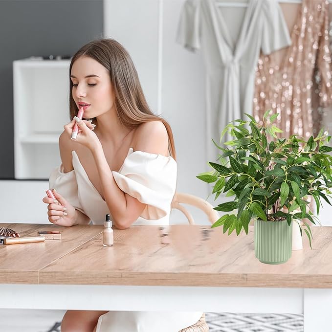 16" Artificial Willow Leaf Plant in Ribbed Ceramic Pot Lifelike Faux Potted Greenery for Indoor Home Office Table Shelf Living Room Bedroom Bathroom Decor