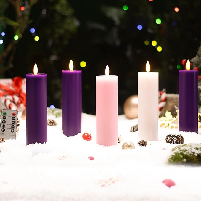 Pillar Advent Candles Set of 5, Battery Operated Advent Candle Set with Remote and Timer, 2x7 Pink and Purple Pillar Candle Set, Flameless Advent Candles for Advent Wreath Pillar Candle Holder