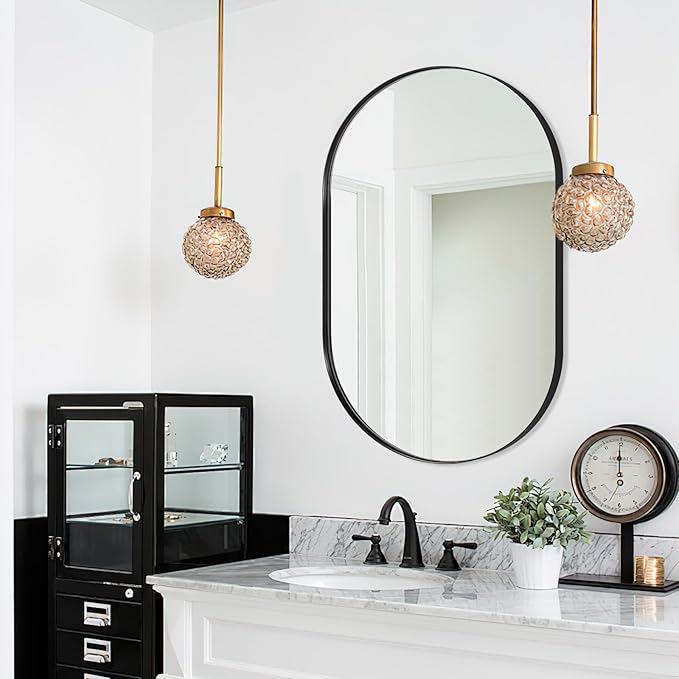 ANDY STAR Black Oval Mirror, 26x38'' Pill Shaped Mirror 1’’ Deep Metal Frame Wall Mounted Vertically&Horizontally Ideal for Limited Space