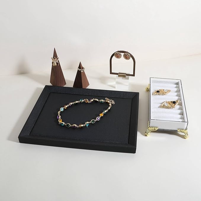 GemeShou Gemehou faux PU leather Jewelry Viewing Tray, Stackable Jewelry Plate, Rectangle Jewelry showcase, Empty Jewelry tray for Necklace Bracelet Ring Earring Watch (Black-Medium, 11.8 x 9.1 in)
