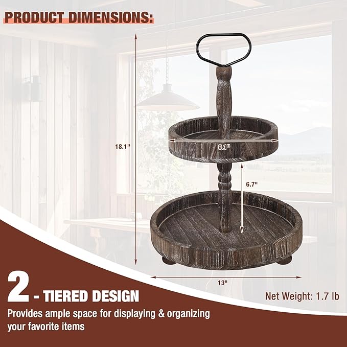 Farmhouse 2 Tiered Tray Stand for Home Decor, Wooden Serving Tray with Handle for Coffee Bar Table Centerpiece Round Seasonal Decorative Tiered Trays for Fruits, Desserts