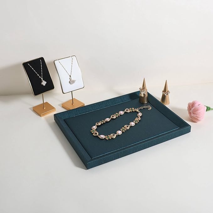 GemeShou Gemehou faux PU leather Jewelry Viewing Tray, Stackable Jewelry Plate, Rectangle Jewelry showcase, Empty Jewelry tray for Necklace Bracelet Ring Earring Watch (Green-Medium, 11.8 x 9.1 in)
