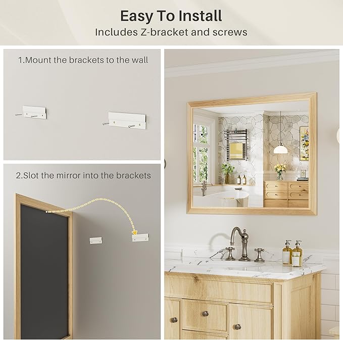 60x36 Inch Bathroom Mirror for Wall, Anti-Rust Oak Wood Grain Metal Framed Bathroom Mirrors for Over Sink,Rectangler Mirrors for Bathroom Vanity, Farmhouse, Bedroom, Living Room, Entryway Decor