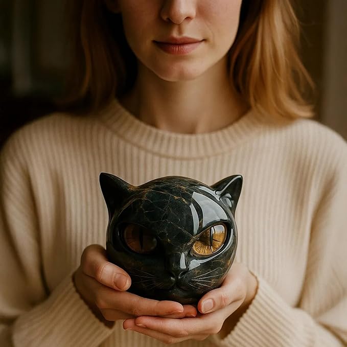 Luxury Black Cat Sculpture, Hand-Carved Crystal & Healing Stone Art Piece, Elegant Décor for Cat Lovers, Gift-Ready Memento for Home or Office, Purple