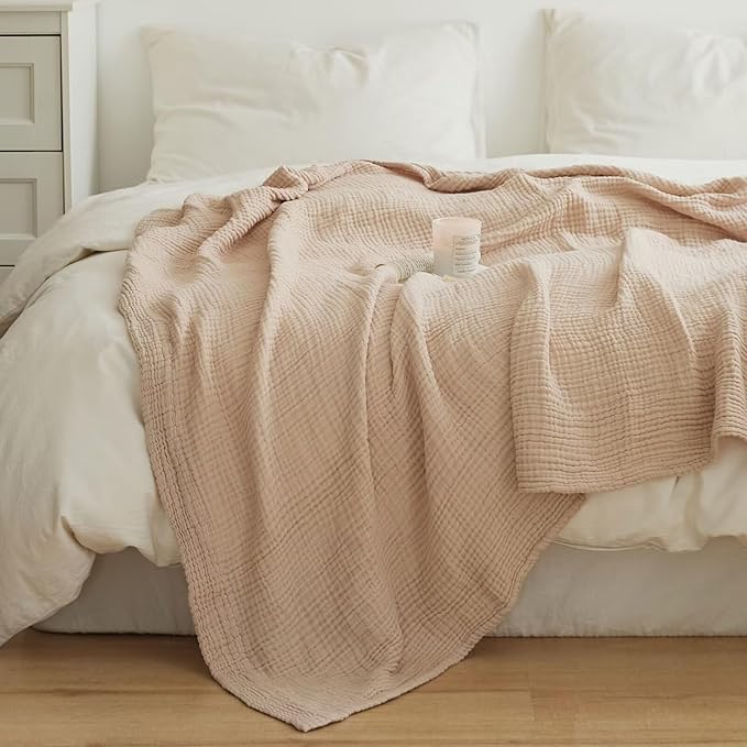 Pink 100% Cotton Throw Blanket 4-Layer Muslin for Couch Bed Living Room Bedroom Lightweight Breathable Airy Blanket for All Season Comfy Gauze Reversible Large Fall Blankets Gifts for Women