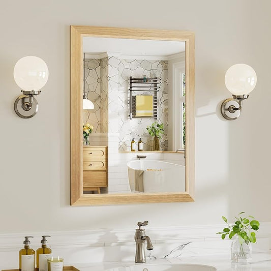 24x32 Inch Bathroom Mirror for Wall, Anti-Rust Oak Wood Grain Metal Framed Bathroom Mirrors for Over Sink,Rectangler Mirrors for Bathroom Vanity, Farmhouse, Bedroom, Living Room, Entryway Decor