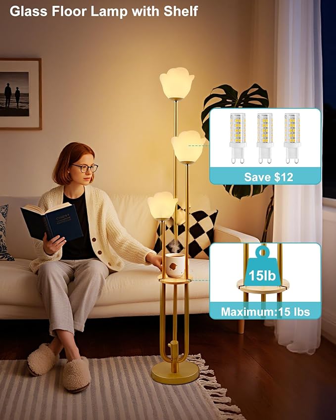 Lightdot 63IN Floral Floor Lamp 3-Lights Flower LED Floor Lamps with 3000K Bulbs Included Candle Holder Style for Wedding Party Modern Gold Tall Floor Lamp for Living Room/Sofa Beside/Corner Decor
