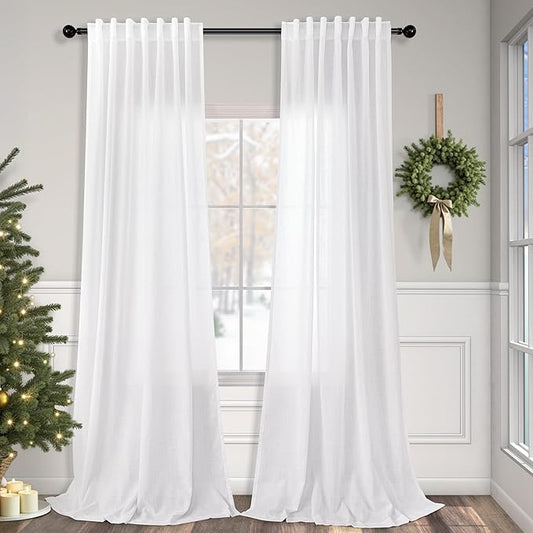Pitalk White Back Tab Linen Curtains 94 Inches Long 2 Panel Set for Living Room Light Filtering Cotton Textured Linen Sheer Drapes Curtain for Patio Door Doorway Playroom Bay Window 52 x 94 Length
