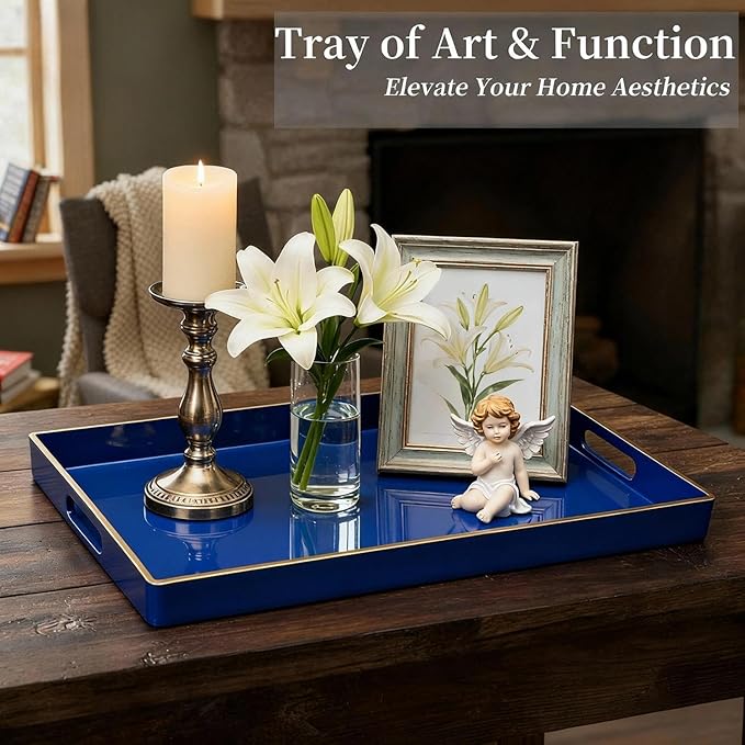 Zosenley Decorative Tray, Rectangular Plastic Tray with Handles, Modern Vanity Tray and Serving Tray for Bathroom, Kitchen, Ottoman and Coffee Table, 15.6” x 10.2” (Drak Blue)