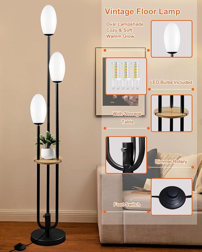 Black Dimmable Floor Lamp with Table, Unique Candle Holder Style Tall Standing Lamps with 3000K G9 Bulbs for Reading, Mid Century Modern Floor Lamp for Living Room Bedroom Office