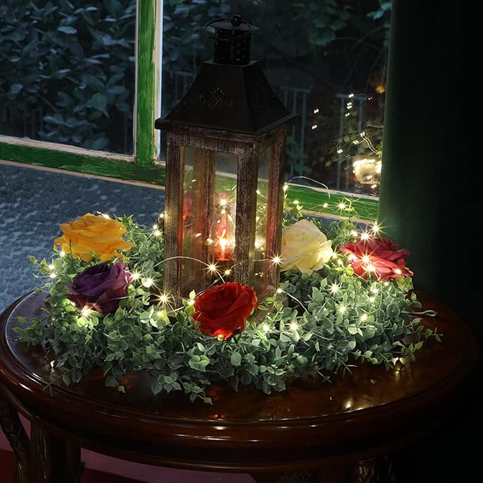 Dolicer 8 Packs Eucalyptus Garland with LED Lights String, 48FT Faux Eucalyptus Greenery Garland, Artificial Hanging Green Eucalyptus Leaves Vine Wedding Backdrop Arch Wall Table Decor (Grey Green)