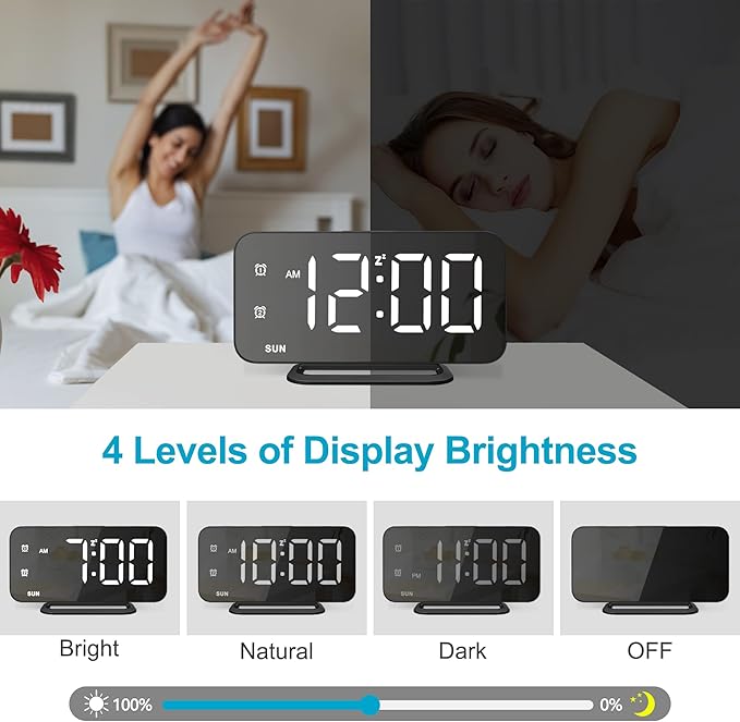 Slim LED Digital Alarm Clock, Mirror Surface for Makeup, with Diming, Large Display, Easy Setting, USB Ports, Modern Decor for Bedroom, Desk, Idea Holiday Gift for Women, Sister, College Girl, Black
