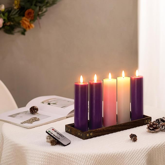 Pillar Advent Candles Set of 5, Battery Operated Advent Candle Set with Remote and Timer, 2x7 Pink and Purple Pillar Candle Set, Flameless Advent Candles for Advent Wreath Pillar Candle Holder
