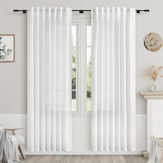 Nanspring White Linen Curtains 83 Inch Length 2 Panels Set for Living Room Back Tab Rod Pocket Semi Sheer Window Curtain Drapes Neutral Rustic Farmhouse Decor Dining Room Curtain 52x83