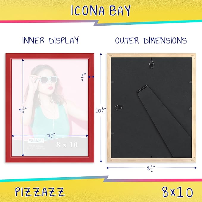 Icona Bay 8x10 Picture Frames (Red, 3 Pack), Colored Solid Wood Scandinavian Style Frames for Photo, Pizzazz Collection
