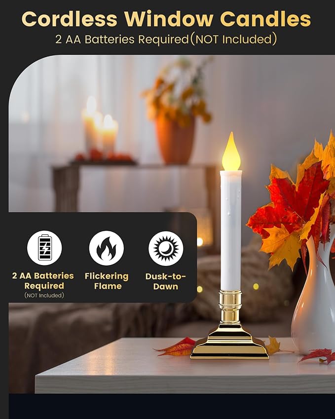 SURAIELEC 4 Pack Battery Operated Window Candles, Dusk-to-Dawn Window Lights with Removable Candle Holders, LED Flameless Candlesticks for Christmas Window, Mantel, Dining Table, Gloss Gold