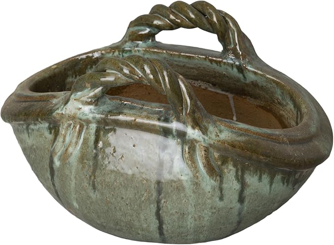 Emissary Home and Garden Two Handle Basket 9 in. Green Kelp Ceramic Oval Planter (14 in. L x 9 in. W x 8.5 in. H) with Drainage Hole