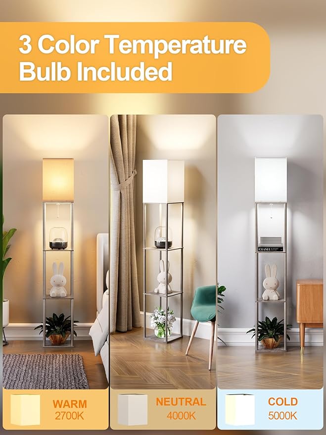 Floor Lamp with Shelves for Living Room Oak Gray, Shelf Floor Lamp with 3 CCT LED Bulb, Corner Display Standing Column Lamp Etagere Organizer Tower Nightstand with White Linen Shade for Bedroom Office