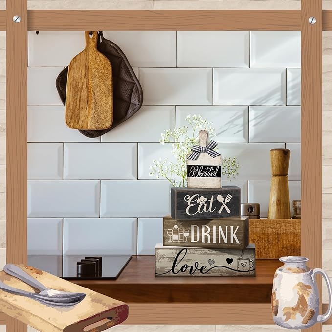 4 Pcs Farmhouse Kitchen Decor Wooden Plate Farmhouse Table Decor Black Brown and White Plate Tableware Centerpiece Rustic Decorative Plates Block Sign for Display Cabinet Kitchen Decoration