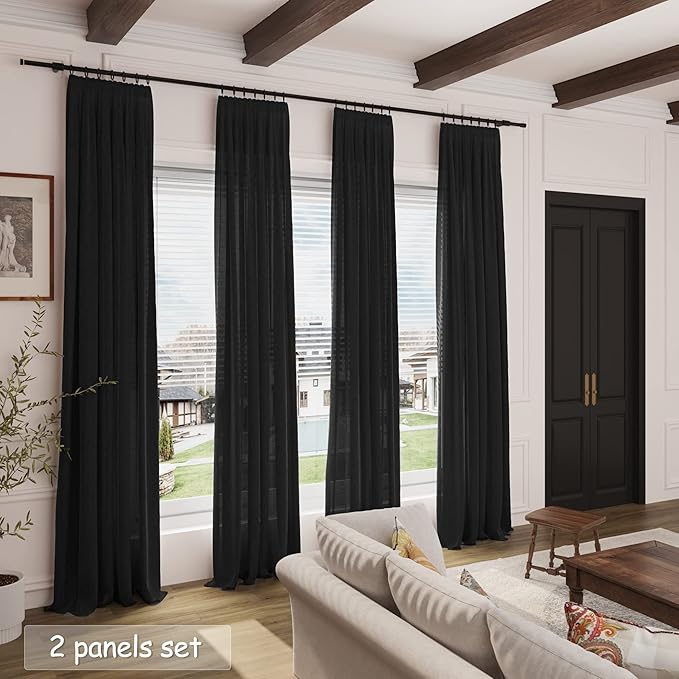Nanspring Black Boho Curtains for Bedroom Back Tab Rod Pocket Semi Sheer Linen Curtains 90 Inches Long 2 Panel Set Light Filtering Neutral Farmhouse Lightweight Drapes for Living Room 40x90 Inches