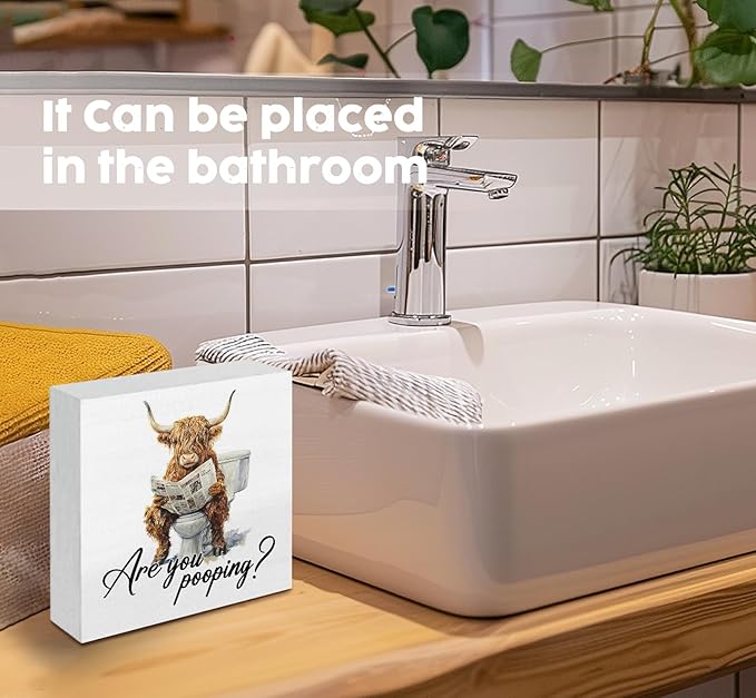 Funny Highland Cow Bathroom Sign, Funny Bathroom Decor, Western Highland Cow Reading Newspaper Wood Decoration Bath Room Decor for Washroom Toilet Counter Shelf Table 5x5 Inch