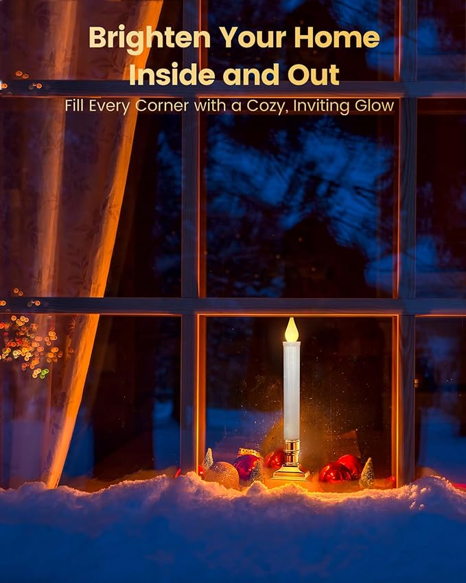 SURAIELEC 4 Pack Battery Operated Window Candles, Dusk-to-Dawn Window Lights with Removable Candle Holders, LED Flameless Candlesticks for Christmas Window, Mantel, Dining Table, Gloss Gold