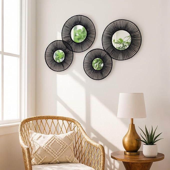 4 Pack Macrame Hanging Basket Wall Art - Decorative Woven Basket Boho Wall Hanging, Rustic Black Round Mirrors Natural Cotton Home Decor Set for Bedroom Living Room Nursery