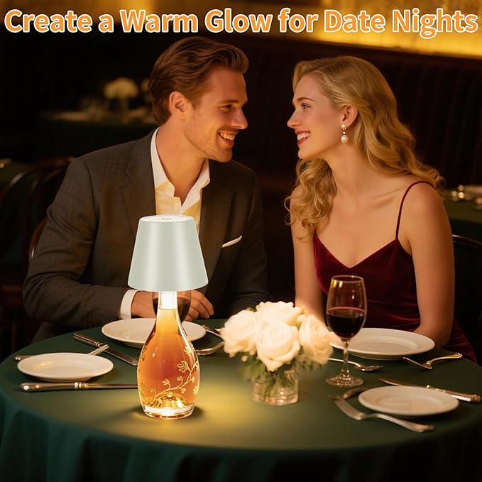 Rechargeable Wireless Bottle Lamp - 3 Color Stepless Dimmable, Metallic Beige Lampshade, 12H Bright Light or 96H Soft Glow, Ideal for Home Décor, Parties, Bar