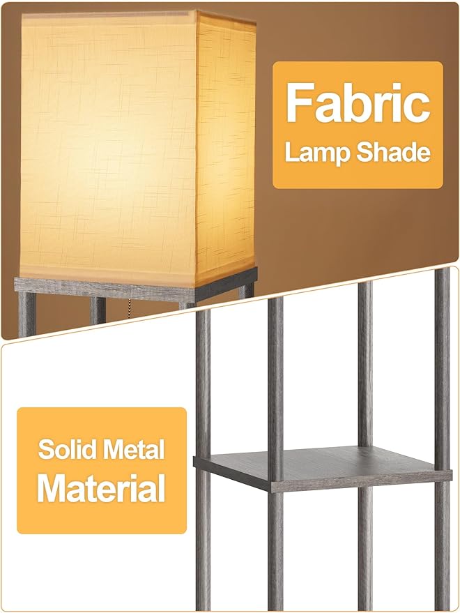 Floor Lamp with Shelves for Living Room Oak Gray, Shelf Floor Lamp with 3 CCT LED Bulb, Corner Display Standing Column Lamp Etagere Organizer Tower Nightstand with White Linen Shade for Bedroom Office