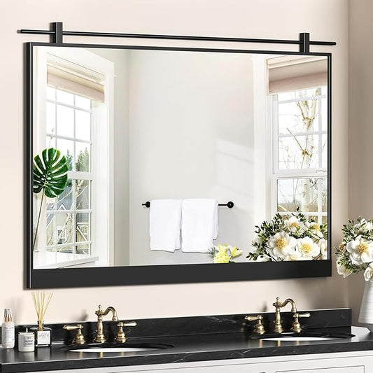 Black Bathroom Mirror 28" x 40" Matte Black Rustic Rectangle Metal Frame Barn Door Farmhouse Bathroom Vanity Mirror for Over Sink, Foyer Entryway Decor