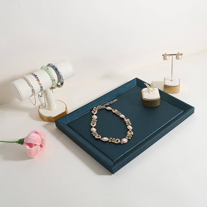 GemeShou Gemehou faux PU leather Jewelry Viewing Tray, Stackable Jewelry Plate, Rectangle Jewelry showcase, Empty Jewelry tray for Necklace Bracelet Ring Earring Watch (Green-Medium, 11.8 x 9.1 in)