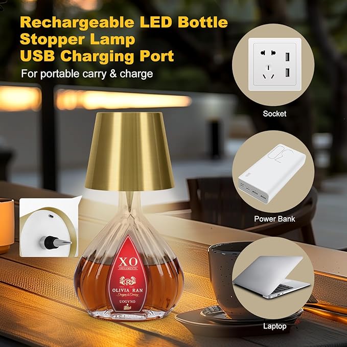 Wireless Bottle Lamp, 2026 New 3 Color Rechargeable Led Wine Bottle Lights for Bars Restaurants (Electroplated Gold Color, 1PC)